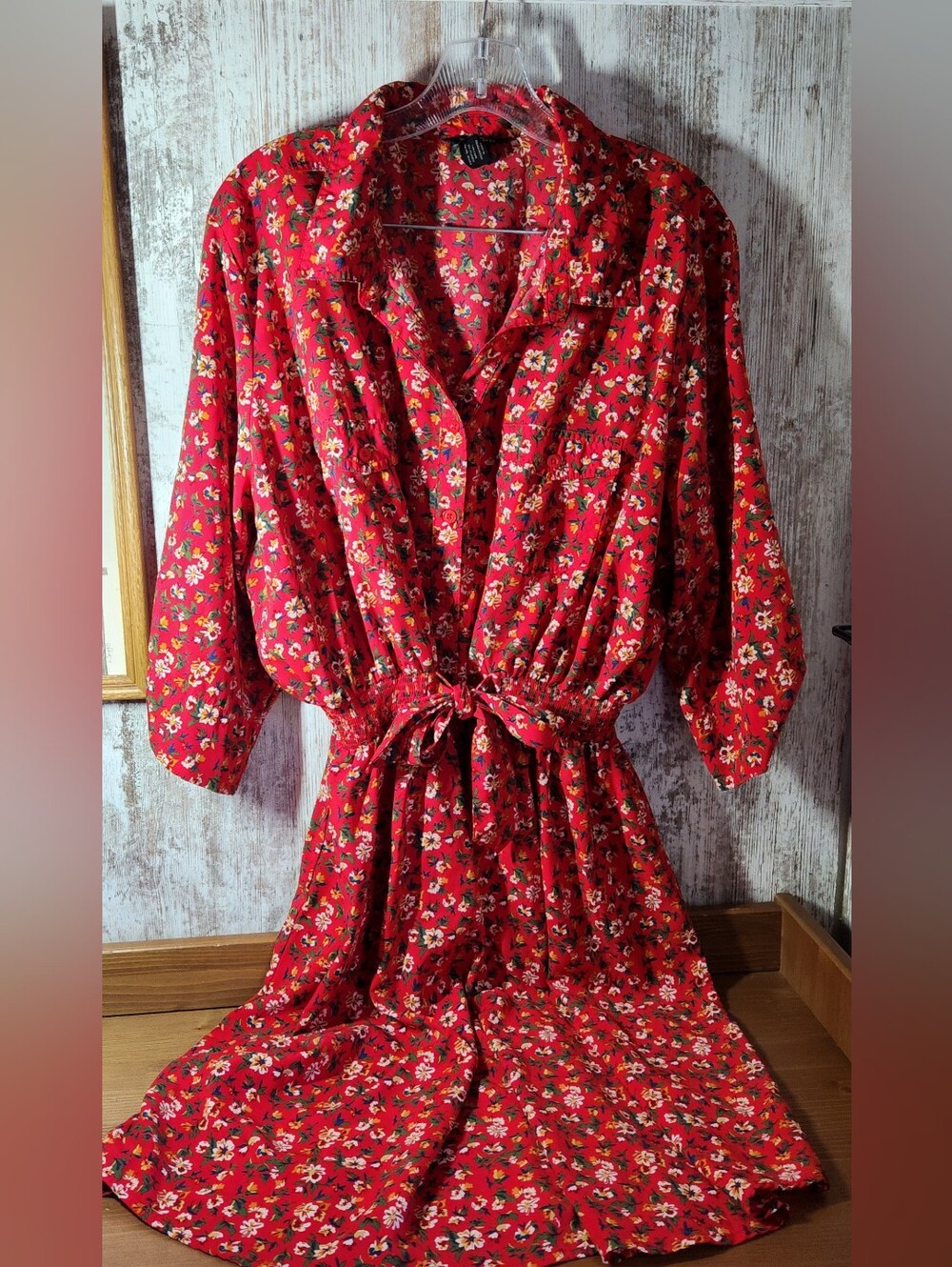 Millenium Red Ditsy All-Over Floral Shirt Dress Tie Waist Button Front